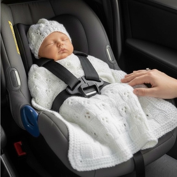 Hand Crafted Other - Carseat Baby Blanket Hand Crafted White Knitted Unisex